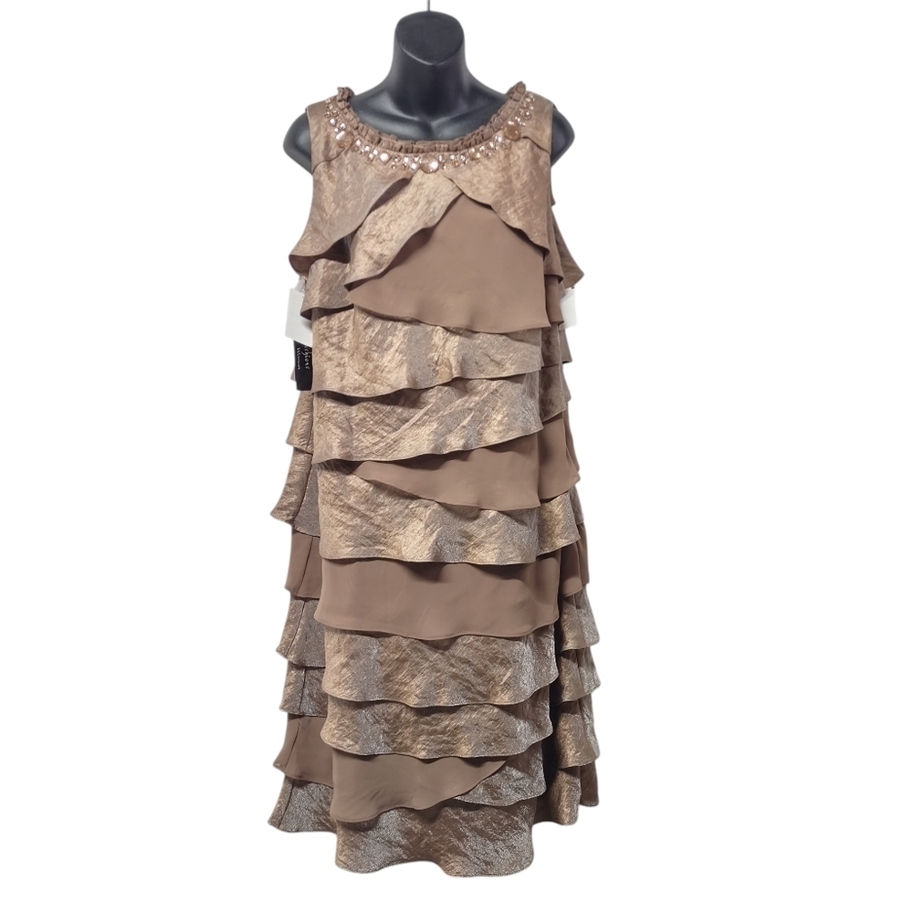 S.L.Fashions Size 14W Bronze Tiered Ruffles Beaded Embellished Cocktail NWT $148